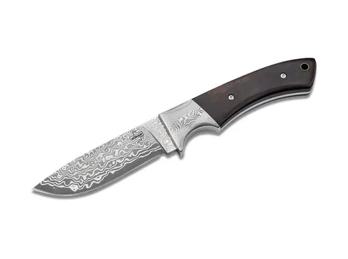 Böker Plus Universalmesser M-One Damast - Taschenmesser mit 9 cm Damastklinge und edlem Ebenholzgriff, inklusive brauner Lederscheide - ideal für Outdoor-Abenteuer und Sammler.