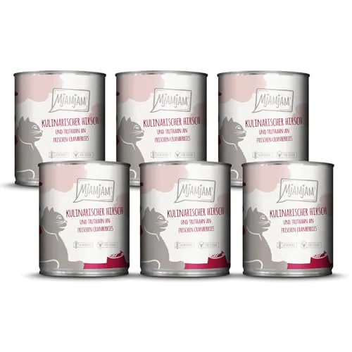 MjAMjAM - Premium Nassfutter für Katzen - kulinarischer Hirsch und Truthahn an frischen Cranberries, 6er Pack (6 x 800 g), getreidefrei mit extra viel Fleisch