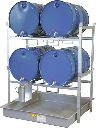 Cemo Fassregal Ölregal mit Fassauflage für 4x200l Fässer - Robustes Werkstattregal mit Auffangwanne (220l) für sichere Lagerung von 4x200l Fässern, ideal für Werkstätten und Lager.