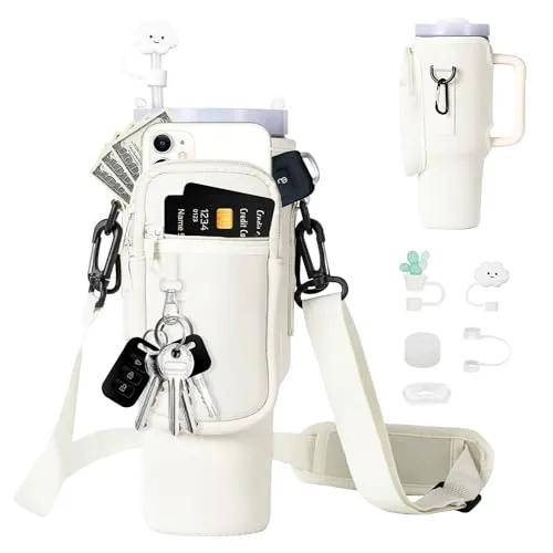POFIBO Tasche für Stanley Cup 1.2L - 40oz Wasserflasche Tragetasche mit Handyfach Karabiner und Verstellbarem Schultergurt, Stanley Cup Tasche Geeignet Zum Wandern Laufen Radfahren