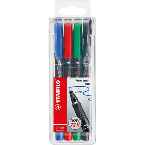 STABILO OH-Stift OHPen universal - Nachfüllbarer Permanent-Marker, Rundspitze 0,7 mm, 4er Set in verschiedenen Farben, ideal für kreative Projekte