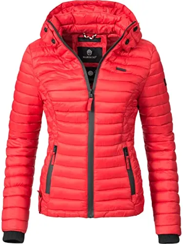 MARIKOO leichte Damen Übergangsjacke kurz mitteldick gefütterte Steppjacke mit Kapuze Samtpfote Rot Gr. S