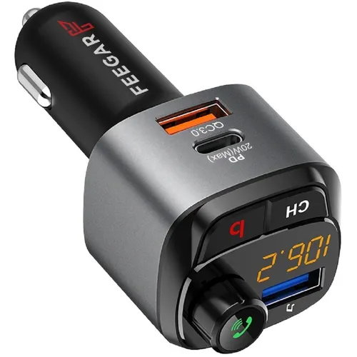 Feegar Q100 Bluetooth 5.0 FM Transmitter für Auto - FM-Transmitter mit 38W USB-Ladegerät, unterstützt Quick Charge 3.0 und bietet Bass Boost Surround-Effekt für ein verbessertes Klangerlebnis im Auto.