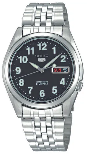 Seiko 5 Automatik Herrenuhr SNK381 mit schwarzem Zifferblatt - Armbanduhren mit 21 Jewels, kratzfestem Mineralglas und spritzwassergeschütztem Design – perfekt für den lässigen Stil und den täglichen Gebrauch.