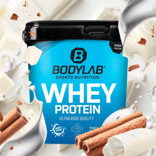 Bodylab24 Whey Protein Pulver - Cinnamon Cereal White Chocolate, 1kg - Molkenproteine mit bis zu 80% Eiweiß, ideal für Muskelaufbau und Fitness. Perfekte Löslichkeit in Milch oder Wasser, ohne Aspartam für einen gesunden Genuss.