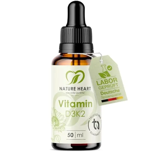 Nature Heart Vitamin D3 K2 Tropfen hochdosiert – 1.000 I.E. D3 pro Tropfen - HOCHDOSIERTE KOMBINATION – 1.000 I.E. Vitamin D3 plus Vitamin K2 MK7 in MCT-Öl. Ideal zur Unterstützung des Calciumstoffwechsels und für starke Knochen und Zähne. Ohne unerwünschte Zusatzstoffe, perfekt für den täglichen Gebrauch.