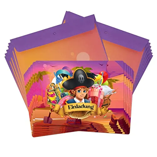 TOBJA® 12x Einladungskarten Kindergeburtstag Pirat inkl. Umschläge - Einladung für Kinder mit Piraten-Motiv | Einladungskarten Geburtstag Jungen | Auch zur Einschulung o. Partyeinladungen