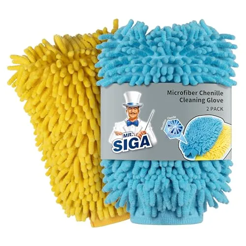 MR.SIGA Hochwertig Mikrofaser Waschhandschuh Weiche Chenille Autowaschhandschuh, 2 Stück, Blau & Gelb