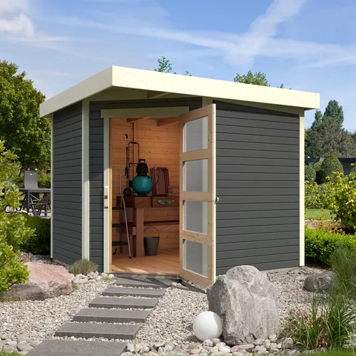 Gartenhaus KARIBU "Schwandorf 5", grau (terragrau), ohne Fußboden, ohne Rück- und Seitenwand, ohne Dacheindeckung, Gartenhäuser, aus hochwertiger nordischer Fichte