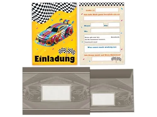 Limonia 12x Einladungskarten mit Umschläge zum Kindergeburtstag Auto Rennauto - Geburtstagseinladung Coole Autos & Rennwagen Motive, Einladung für Autofans - Fun Racer