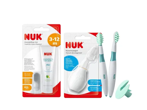 NUK Nasensauger + Zahn- & Mundpflegeset – 3-tlg. Set für Babys ab 1. Zahn