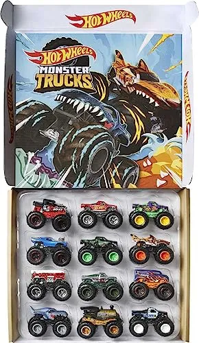 Hot Wheels GGC61 - Monster Trucks 12er-Pack - Baby- & Kleinkindspielzeug mit 12 klassischen Monster Trucks im Maßstab 1:64 für fantasievolle Crash-Action und eine umweltfreundliche reduzierte Verpackung.