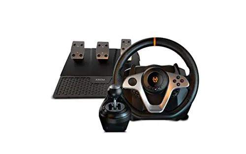 KROM K-WHEEL PRO - Lenkradset für PC, PS4, XBOX ONE & SWITCH - Controller für PlayStation 4 mit Lenkrad, Pedalen und Schalthebel, 3 Empfindlichkeitsstufen für individuelles Fahrgefühl und stabiler Grip durch synthetischen Stoff.
