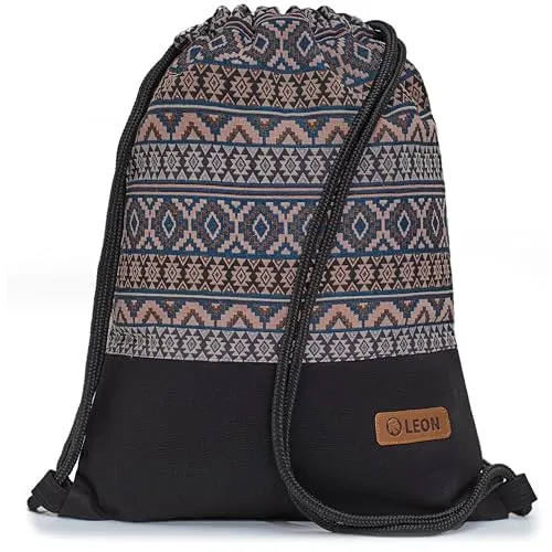 By Bers Leon großer Premium Turnbeutel mit Innentaschen Rucksack Tasche Damen Herren Teenager Gym Bag Draw String 45x34cm für Sport Reise Alltag Einkauf (TB_Boho_Schwarz_010)