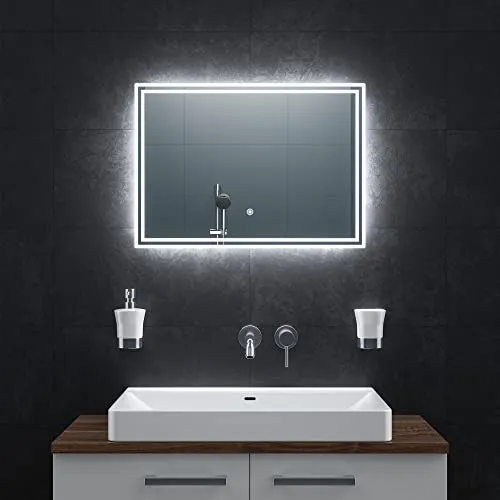 Bringer Badspiegel BRS107 - LED Badezimmerspiegel mit Anti-Beschlag - Badspiegel mit integrierter Anti-Beschlag-Funktion und dimmbarer LED-Beleuchtung in drei Lichtfarben für ideale Lichtverhältnisse. Perfekt für modernes Badezimmerdesign und tägliche Pflegeroutine.