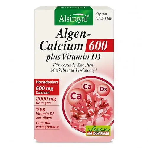 Alsiroyal Algen-Calcium 600 plus Vitamin D3 – 60 Kapseln – 600 mg Calcium & 800 I.E. D3 – Knochen & Zähne – vegan