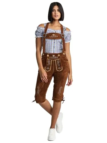 STEIGENHÖFER Kniebund Trachtenlederhose für Damen - Echtes Veloursleder in Mittelbraun - Trachtenlederhose für Damen aus hochwertigem Wildleder, mit verstellbaren Trägern und praktischen Taschen. Ideal für Oktoberfest und traditionelle Festlichkeiten.