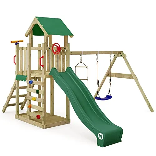 Wickey Spielturm Klettergerüst MultiFlyer Light - Schaukel & Rutsche für unendlichen Spielspaß - Schaukeln und Klettern im eigenen Garten: Der MultiFlyer Light bietet eine integrierte Schaukel, Rutsche mit Wasseranschluss und Sandkasten für grenzenlosen Spielspaß. Hochwertiges, stabiles Holz und 10 Jahre Garantie sorgen für sichere Abenteuer.