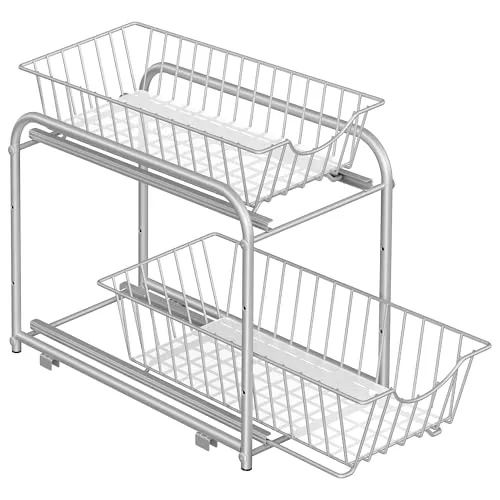 SONGMICS Küchenschrank Organizer, 2 Ebenen, stapelbar und erweiterbar - Küchenschrankordnungssystem mit 2 Schubladen, individuell anpassbar und ideal für eine ordentliche Küche oder Bad, inklusive rutschfester Füße für Stabilität.