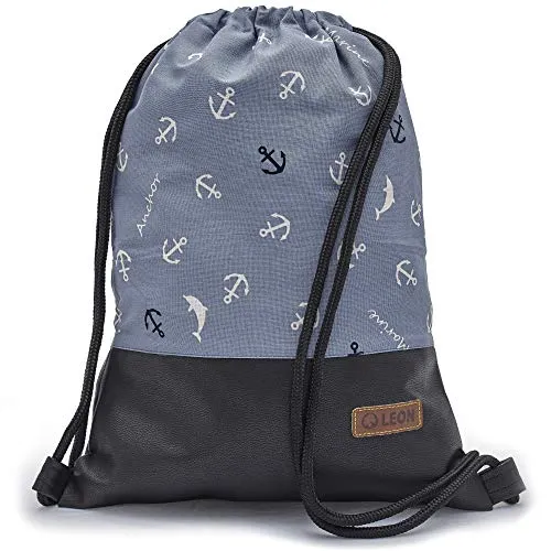 By Bers Leon großer Premium Turnbeutel mit Innentaschen Rucksack Tasche Damen Herren Teenager Gym Bag Draw String 45x34cm für Sport Reise Alltag Einkauf (Marine_SwPU)
