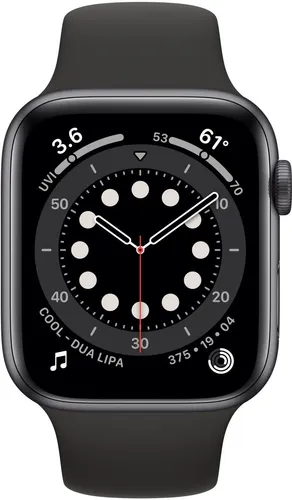 Apple Watch Series 6 GPS 44mm - Space Gray Aluminium mit Sportband Schwarz - Smartwatch mit 44 mm Gehäuse, GPS-Funktion und 32 GB Speicher, ideal für Fitness-Tracking und Benachrichtigungen direkt am Handgelenk.