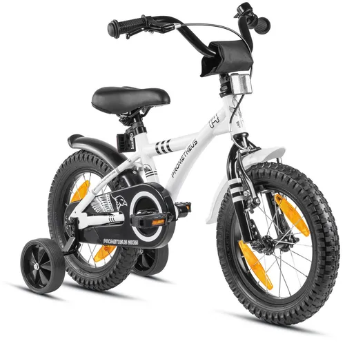 PROMETHEUS Kinder Fahrrad 14 Zoll - Weiss & Schwarz - Kinderfahrrad für 3-4 Jahre, mit stabiler Konstruktion und modernem Design. Ideal für den ersten Schritt in Freiheit und Unabhängigkeit.