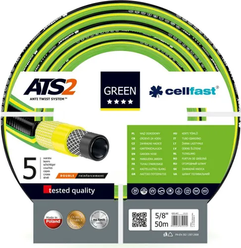 CELLFAST Gartenschlauch Grün ATS2 5/8" 50m - 5-lagiger, UV-beständiger Gartenschlauch mit Algen- und Verstopfungsschutz. Ideal für jeden Garten, flexibel und langlebig – für eine mühelose Bewässerung!
