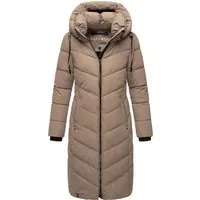 Navahoo Damen Wintermantel Sahnekatzii XIV in Taupe Grey - Eleganter, langer Steppmantel mit abnehmbarer Kapuze, der durch seine modische V-Steppung und hochschließenden, warmen Kragen besticht. Ideal für kalte Tage!