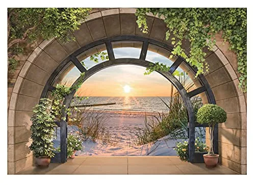 Fototapete 3D EFFEKT Strand Meer Fenster mit Aussicht Natur Ostsee 300x210 cm - inkl. Kleister - für Wohnzimmer Schlafzimmer Flur Modern Vlies Tapete Vliestapete Wandtapete Motivtapeten UV-Beständig