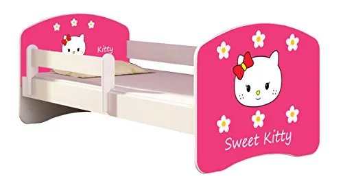ACMA Kinderbett Jugendbett mit Einer Schublade und Matratze Weiß II 140 160 180 40 Design (160x80 cm, 16 Sweet Kitty 2)