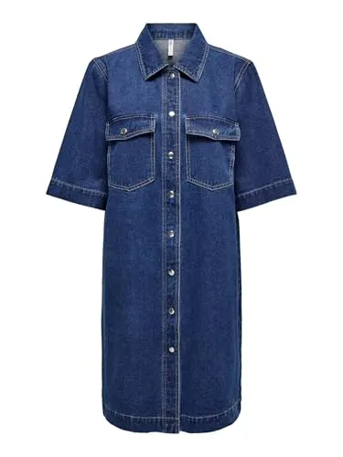 ONLY Jeanskleid in Blau - XS - Kleider - aus reiner Baumwolle, halblange Ärmel, Druckknopfverschluss und praktische Brusttaschen für einen lässigen Look