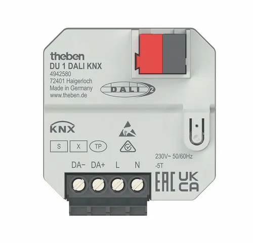Theben DU 1 DALI KNX DALI-Aktor 2-fach - Binäreingänge, DALI-2-zertifizierter Aktor für einfache Integration von bis zu 30 EVGs in KNX-Systeme, ideal für moderne Gebäudeautomation.