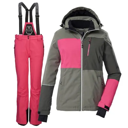 Killtec Damen Skianzug Größe 42 - 2-teilig in grau pink - Funktionaler Damen Skianzug von Killtec: wasserdicht, winddicht und atmungsaktiv. Ideal für kalte Tage auf der Piste mit 10.000 mm Wassersäule und zahlreichen praktischen Taschen.