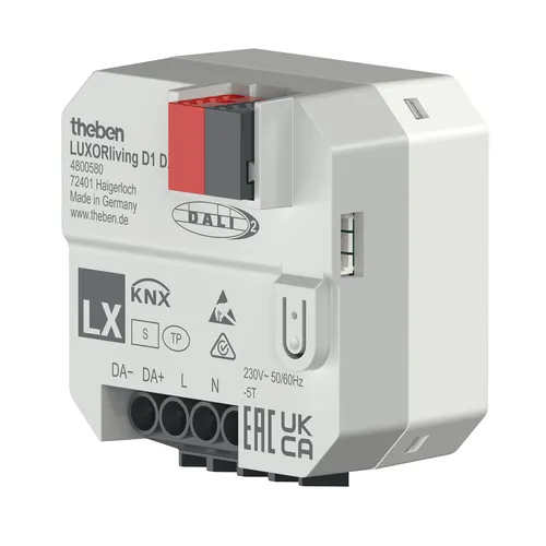 Theben 4800580 LUXORliving D1 DALI Aktor - Sonstige Elektroinstallationsartikel mit DALI-2 Zertifizierung für perfekte Unterputz-Montage und nahtlose Integration in KNX Smart Home-Systeme. Steuern Sie Licht und mehr mit Leichtigkeit!