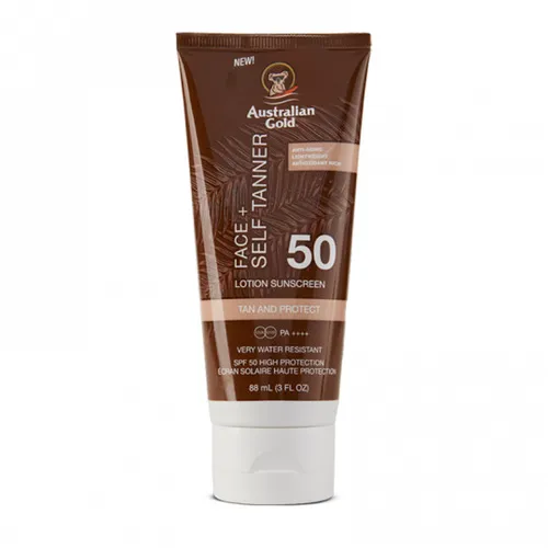 Australian Gold LSF 50 Face + Self Tanner Sonnencreme - Sonnenschutzmittel mit LSF 50 und Selbstbräuner, sorgt für sofortige Bräune und langanhaltenden Teint, ideal für strahlende Haut beim Sonnenbaden.