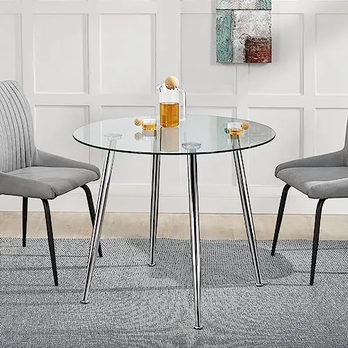 Glastisch ’Humppila’ 87 x 75 cm - Eleganter Chromtisch - Esstisch mit robuster, leicht zu reinigender Glasplatte, ideal für Wohnzimmer, Küche oder Büro. Bietet Platz für bis zu vier Personen und überzeugt durch stilvolles Design.