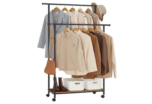 SONGMICS Kleiderständer auf Rollen - Vintagebraun-Tintenschwarz - Kleiderständer mit Rollen, modern und praktisch. Max. Belastbarkeit 100 kg, ideal für flexibles Verstauen und einfaches Umstellen.