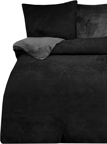 one-home Winter Bettwäsche 200x200 cm Teddy Plüsch Nicki Uni schwarz Fleece Doppelbett