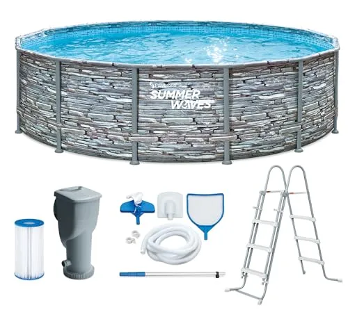 Summer Waves Frame Pool Komplettset 427x107 cm - Gartenpool für die ganze Familie - Rund 427x107 cm Aufstellpool in Steinoptik Grau, inkl. Filterpumpe und Zubehör für unbeschwerte Sommertage im eigenen Garten.