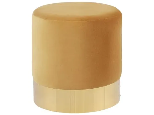 Beliani Runder Polster Pouf aus Samt gelb - Glamouröser Sitzpouf - Stilvoller Hocker im Boudoir Stil, aus weichem Samt in Senfgelb mit goldener Edelstahlplatte. Komfortable Sitzgelegenheit und zeitloses Element für jeden Wohnraum, sofort einsatzbereit.