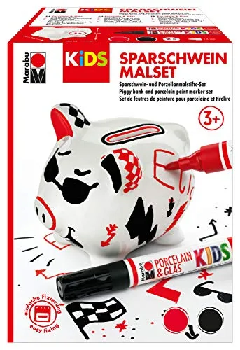 Marabu 0125000000100 - KiDS Porcelain & Glas Painter, Sparschwein Malset, lustiges Porzellanschwein zum Bemalen und Verzieren mit Porzellanmalstiften für Kinder, Rot