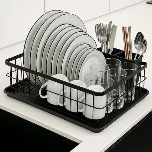 JOHSEATY Abtrofgestell Geschirr Inklusive Abtropfschale - 42x32cm I Rostfrei mit Besteckhalter I Abtropfständer Abtropfgitter Geschirrtrockner Geschirrabtropfgestell Küche I Dish Drainer Drying Rack