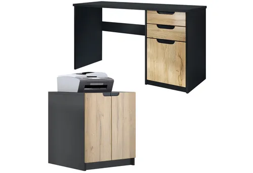 Vladon Aktenschrank Paris - Büromöbel-Set in Schwarz Matt/Eiche Natur - Moderne Büroserie Paris für flexibles Arbeiten. Robust und stilvoll, ideal für Home-Office und professionelle Nutzung. Inklusive Schreibtisch und Druckerkommode, perfekt für den Büroalltag.