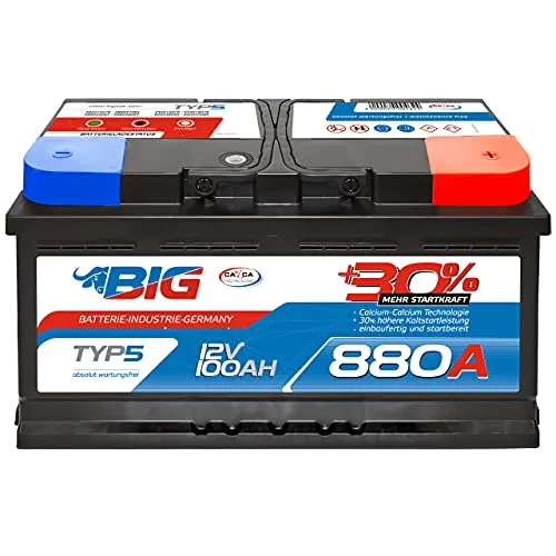 BIG Autobatterie 12V +30% mehr Startleistung 100Ah 880A/EN wartungsfreie Bleisäure Starterbatterie ersetzt 88Ah 90Ah 92Ah 95Ah 105Ah