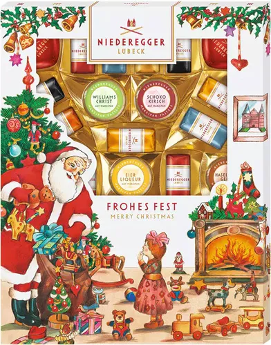 GOURVITA DE J.G. Niederegger Marzipanerie Frohes Fest, 206g - Toffee, Karamell & Nougat – 16 edle Marzipan-Pralinen in festlicher Verpackung, perfekt für die Weihnachtszeit und ein Genuss für Augen und Gaumen.