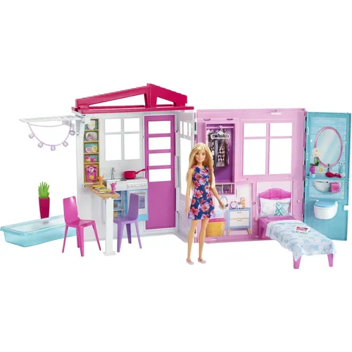 Barbie-Haus mit Küche, Schlafzimmer, Badezimmer und Pool - Puppenhaus für Barbie, tragbar und komplett eingerichtet mit vielen Spielmöglichkeiten, ideal für Kinder ab 3 Jahren.