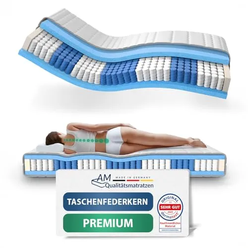 AM Qualitätsmatratzen Premium 7-Zonen Taschenfederkernmatratze 90x180 cm - Hochwertige 7-Zonen Taschenfederkernmatratze, Härtegrad H1, ideal für bis 60 kg. Mit Tonnentaschenfederkern für optimale Anpassungsfähigkeit und ausgezeichnetes Schlafklima dank atmungsaktivem Bezug.