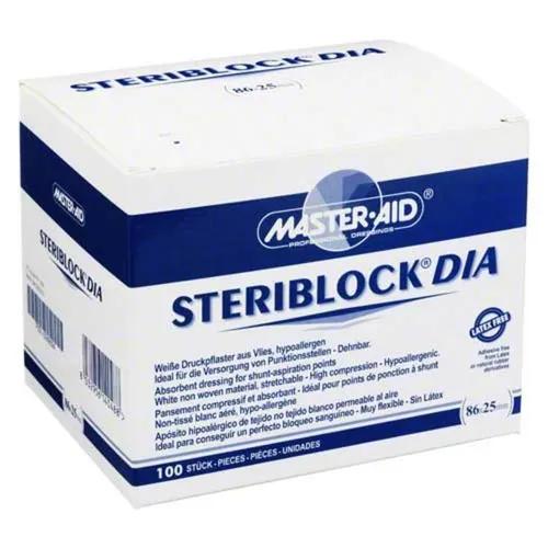Steriblock Dialyse-Pflaster 86x25mm Master Aid - 100 Stück - Pflaster für Dialysepatienten, hypoallergen und besonders hautfreundlich für sicheren Schutz.