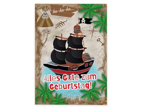 XXL A4 Glückwunschkarte zum Geburtstag Geburtstagskarte Geburtstagsgruß Grußkarte Happy Birthday Jungen Jungs große Klappkarte Gratulazionskarte Piratenschiff Piraten