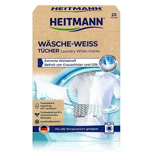 HEITMANN Wäsche-Weiß Tücher | Für strahlend weiße Wäsche ohne Bleichmittel | 20 Tücher für alle Stoffe - Sorge für strahlend weiße Textilien ohne Grauschleier! Die HEITMANN Wäsche-Weiß Tücher entfernen Vergilbung und sind für alle weißen Stoffe geeignet. Einfach in die Waschmaschine legen und genießen!